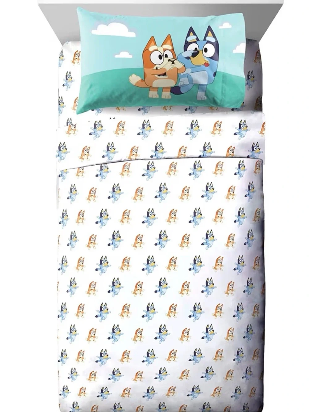 Bluey-Inspired Kids Twin Sheet Set in Aqua and White